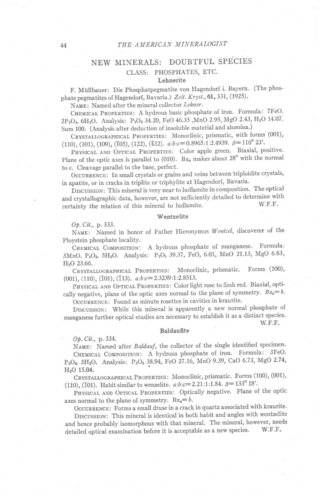 New Minerals: Doubtful Species Class: Phosphates' Etc