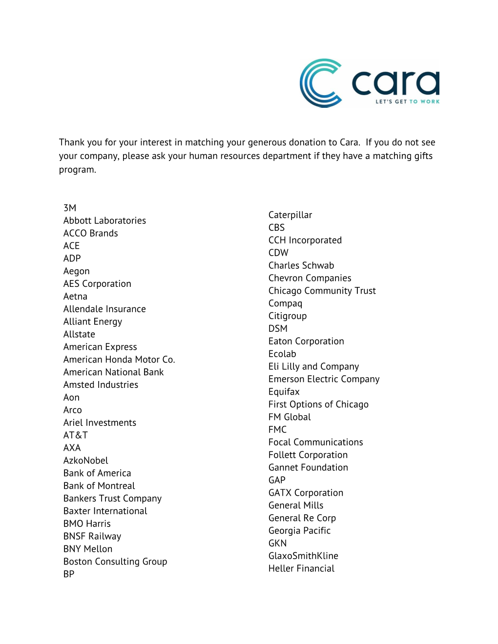 Thank You for Your Interest in Matching Your Generous Donation to Cara