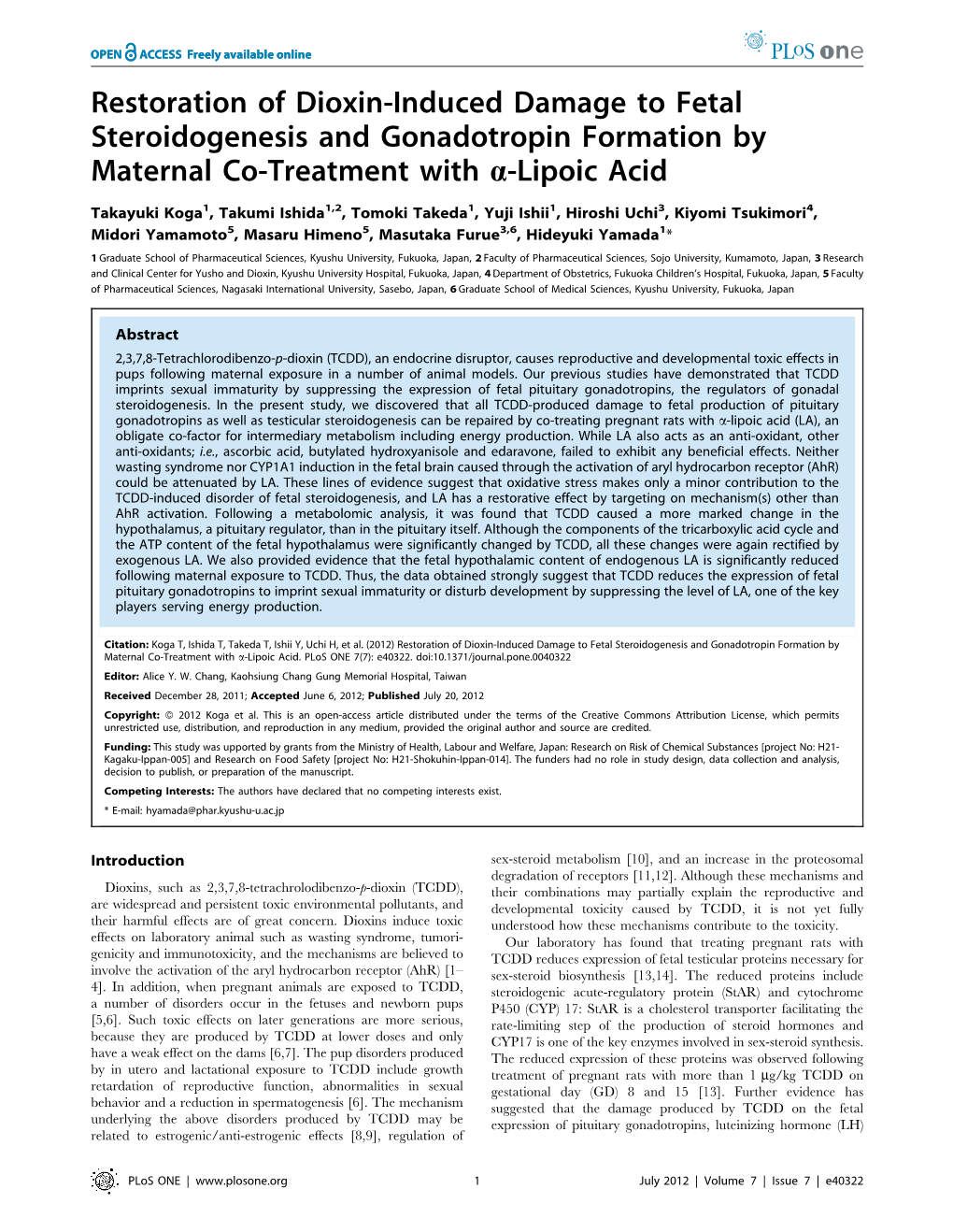 Restoration of Dioxin-Induced Damage to Fetal Steroidogenesis and Gonadotropin Formation by Maternal Co-Treatment with A-Lipoic Acid