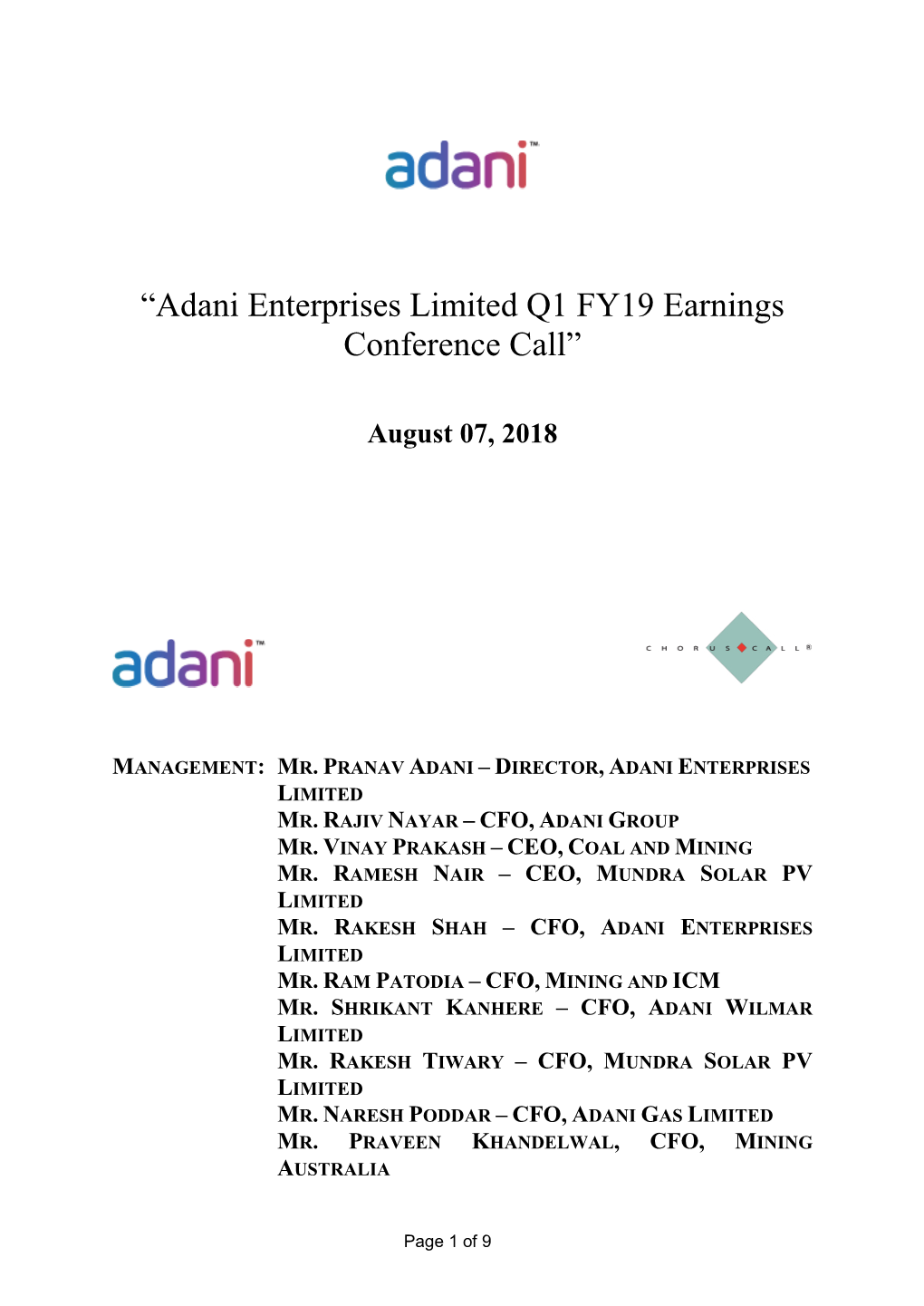 “Adani Enterprises Limited Q1 FY19 Earnings Conference Call”