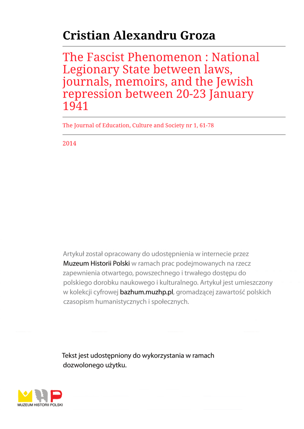 National Legionary State Between Laws, Journals, Memoirs, and the Jewish Repression Between 20-23 January 1941