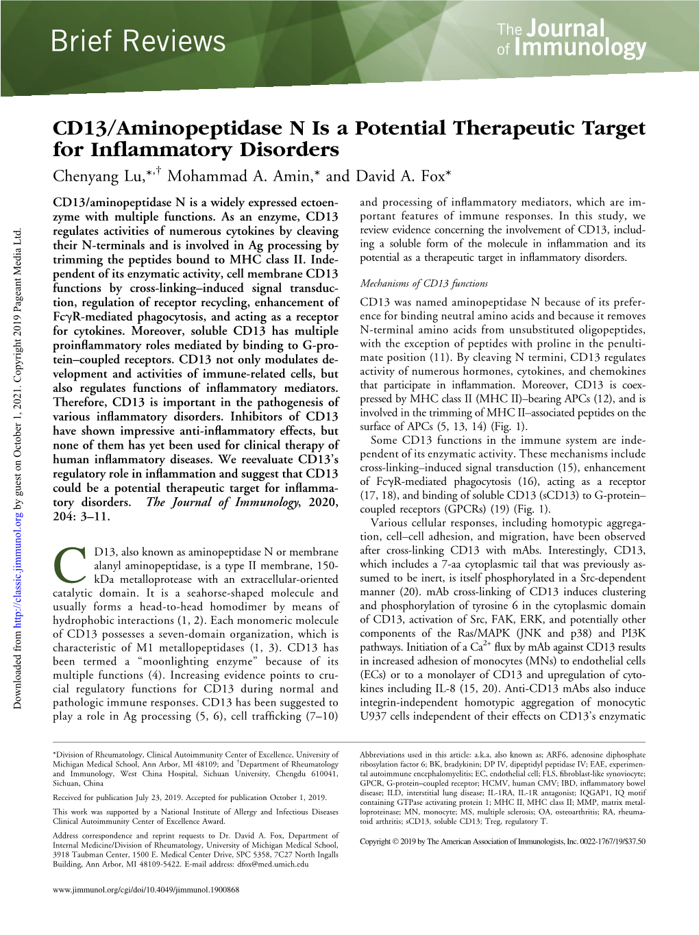 CD13/Aminopeptidase N Is a Potential Therapeutic Target for Inﬂammatory Disorders Chenyang Lu,*,† Mohammad A