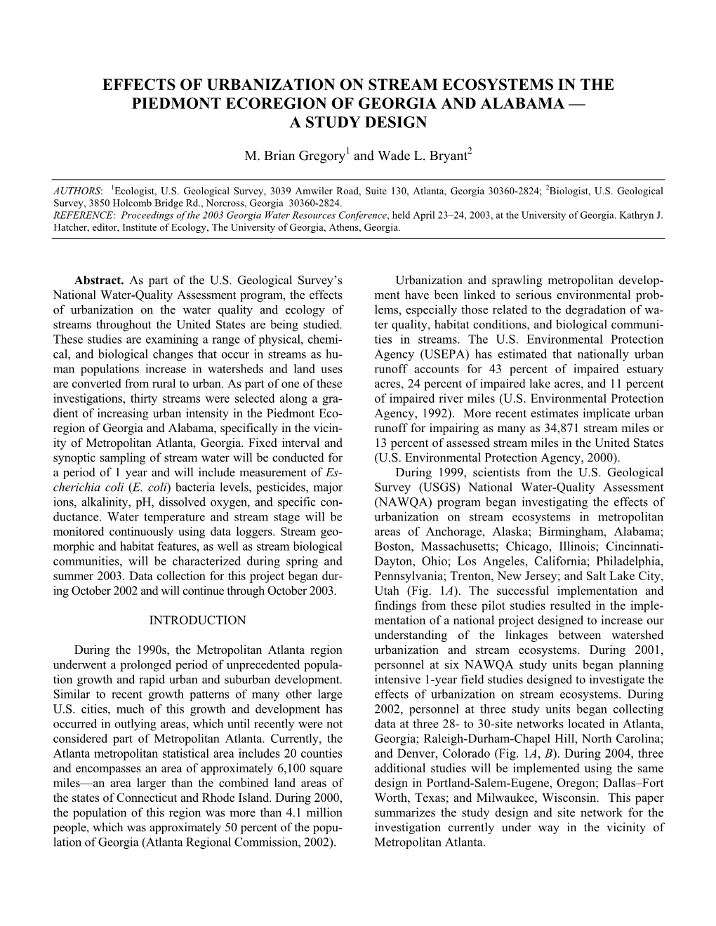 Effects of Urbanization on Stream Ecosystems in the Piedmont Ecoregion of Georgia and Alabama — a Study Design