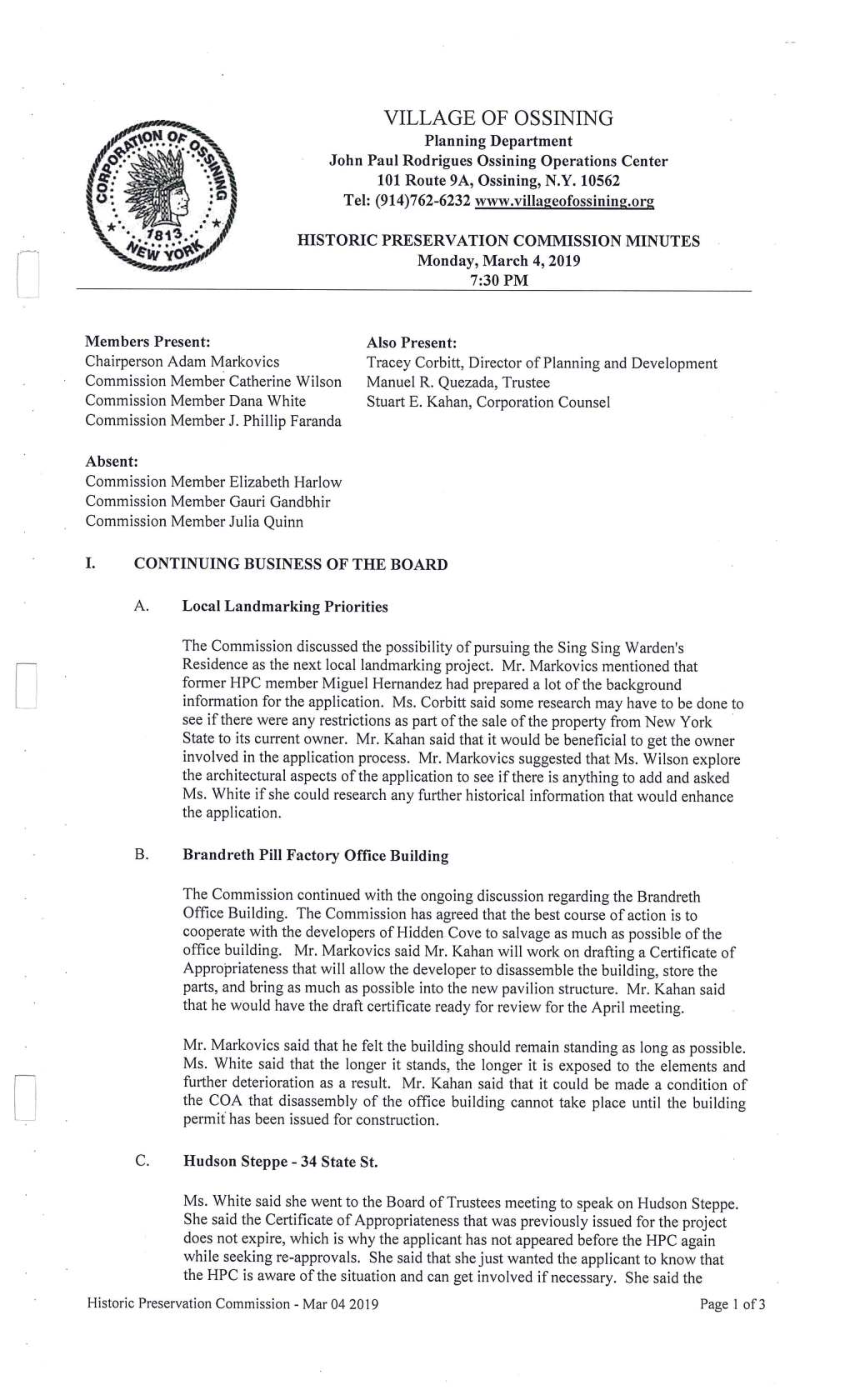 HISTORIC PRESERVATION COMMISSION MINUTES Monday, March 4, 2019 7:30 PM