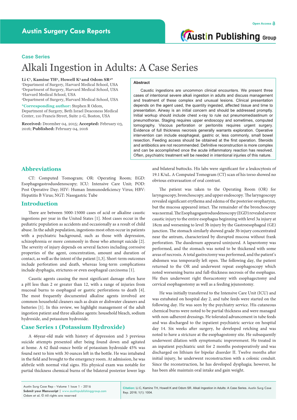 Alkali Ingestion in Adults: a Case Series