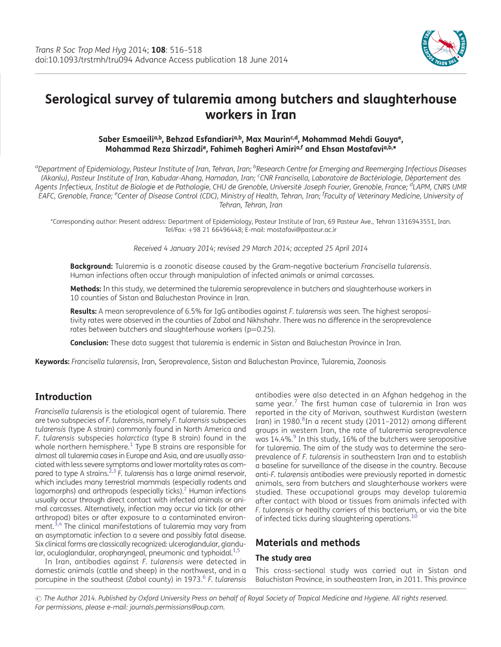 Serological Survey of Tularemia Among Butchers and Slaughterhouse Workers in Iran