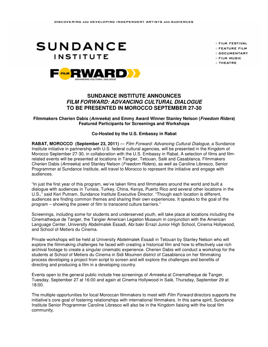 Sundance Institute Announces Film Forward: Advancing Cultural Dialogue to Be Presented in Morocco September 27-30