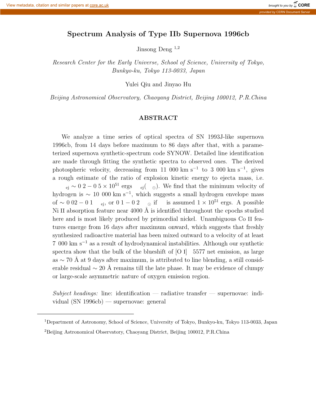 Spectrum Analysis of Type Iib Supernova 1996Cb