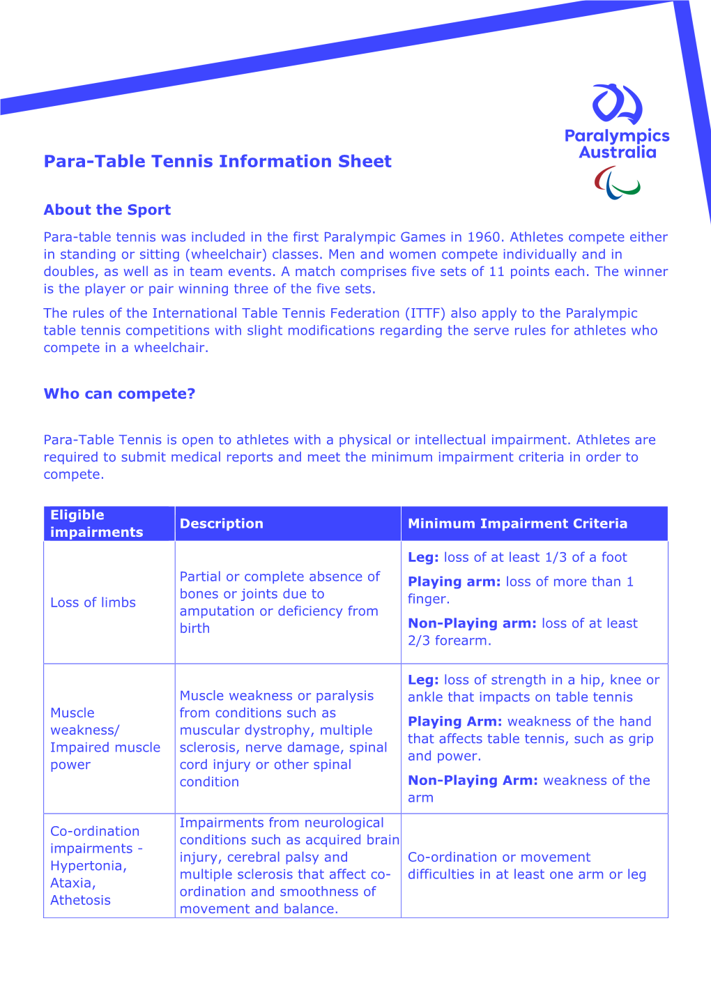 Para-Table Tennis Information Sheet