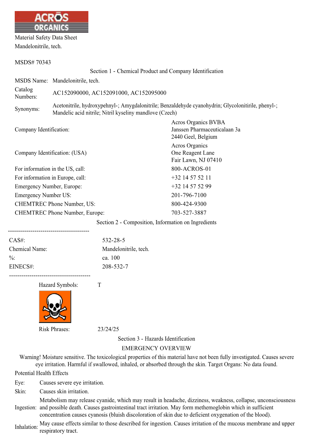 Material Safety Data Sheet Mandelonitrile, Tech. MSDS