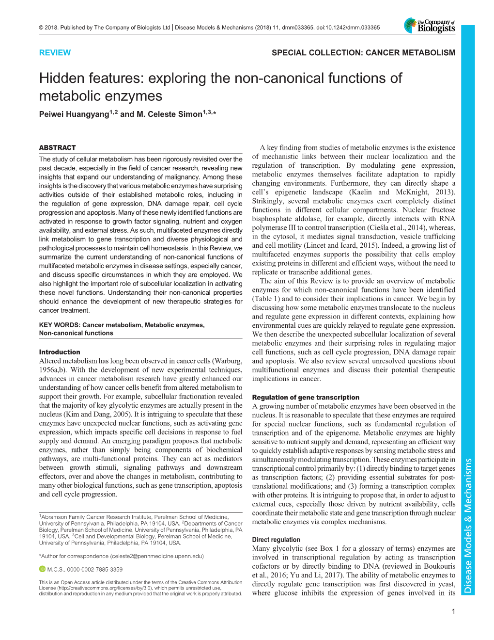 Exploring the Non-Canonical Functions of Metabolic Enzymes Peiwei Huangyang1,2 and M