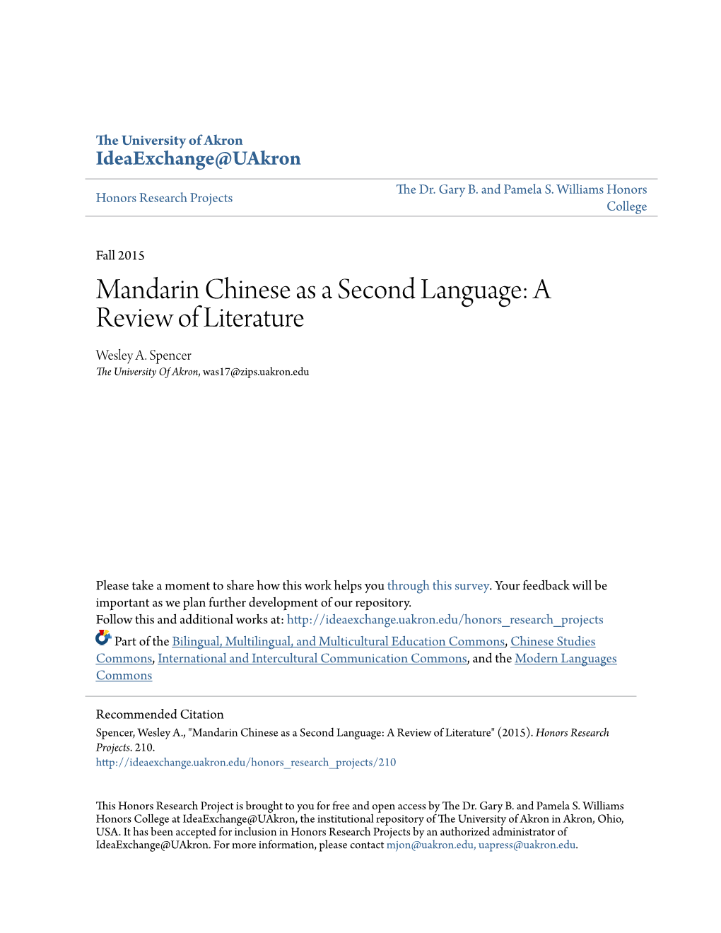 Mandarin Chinese As a Second Language: a Review of Literature Wesley A