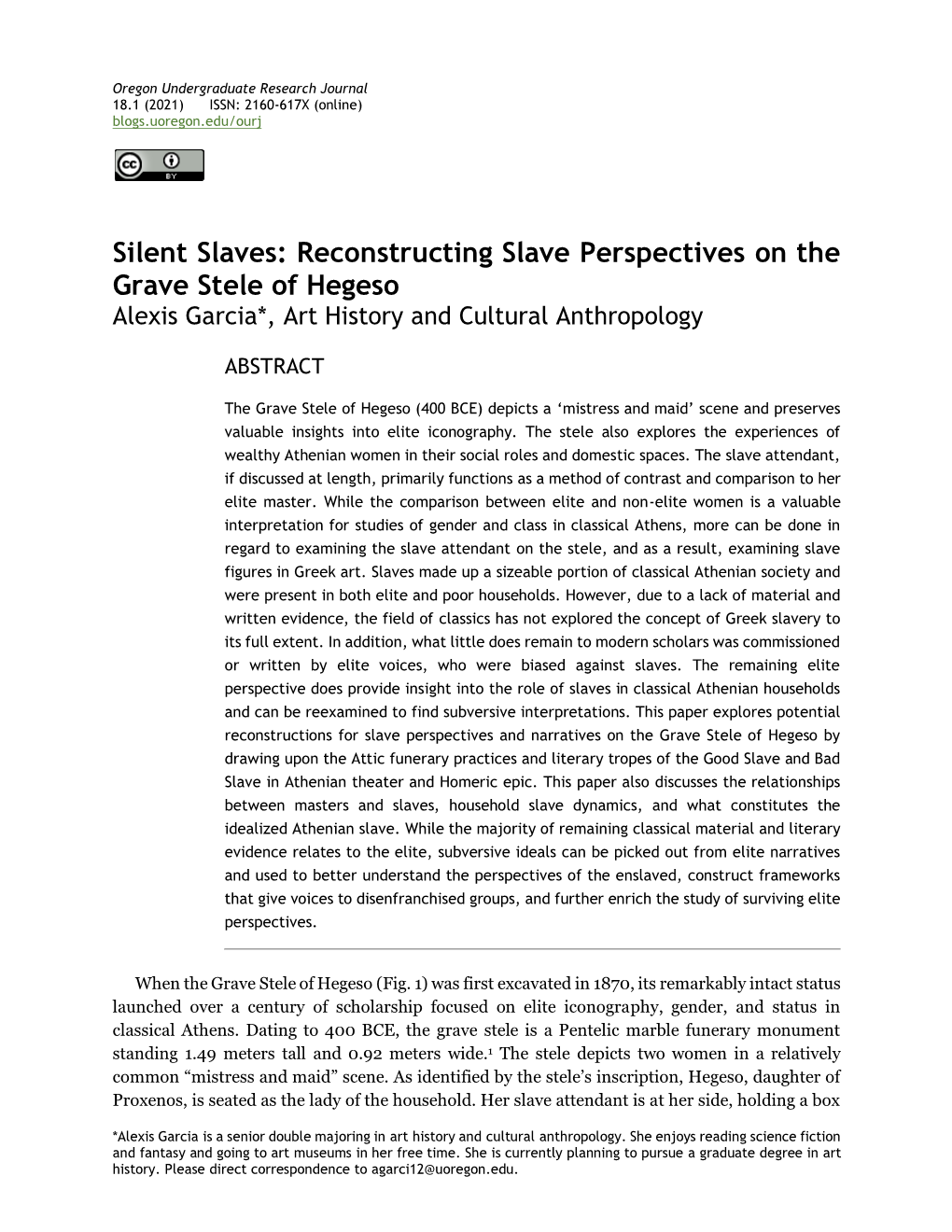 Reconstructing Slave Perspectives on the Grave Stele of Hegeso Alexis Garcia*, Art History and Cultural Anthropology