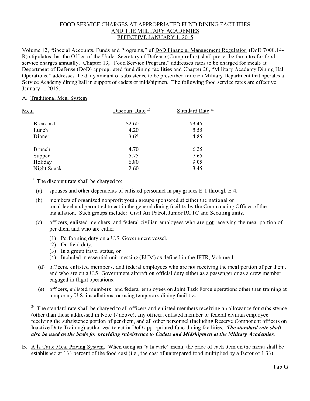 Food Service Charges at Appropriated Fund Dining Facilities (Tab G)