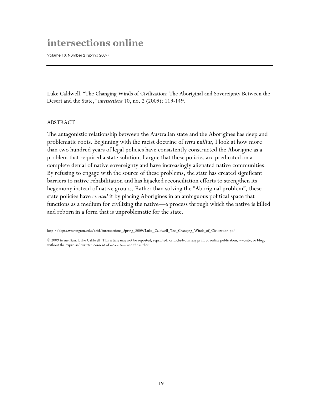 The Changing Winds of Civilization: the Aboriginal and Sovereignty Between the Desert and the State,” Intersections 10, No