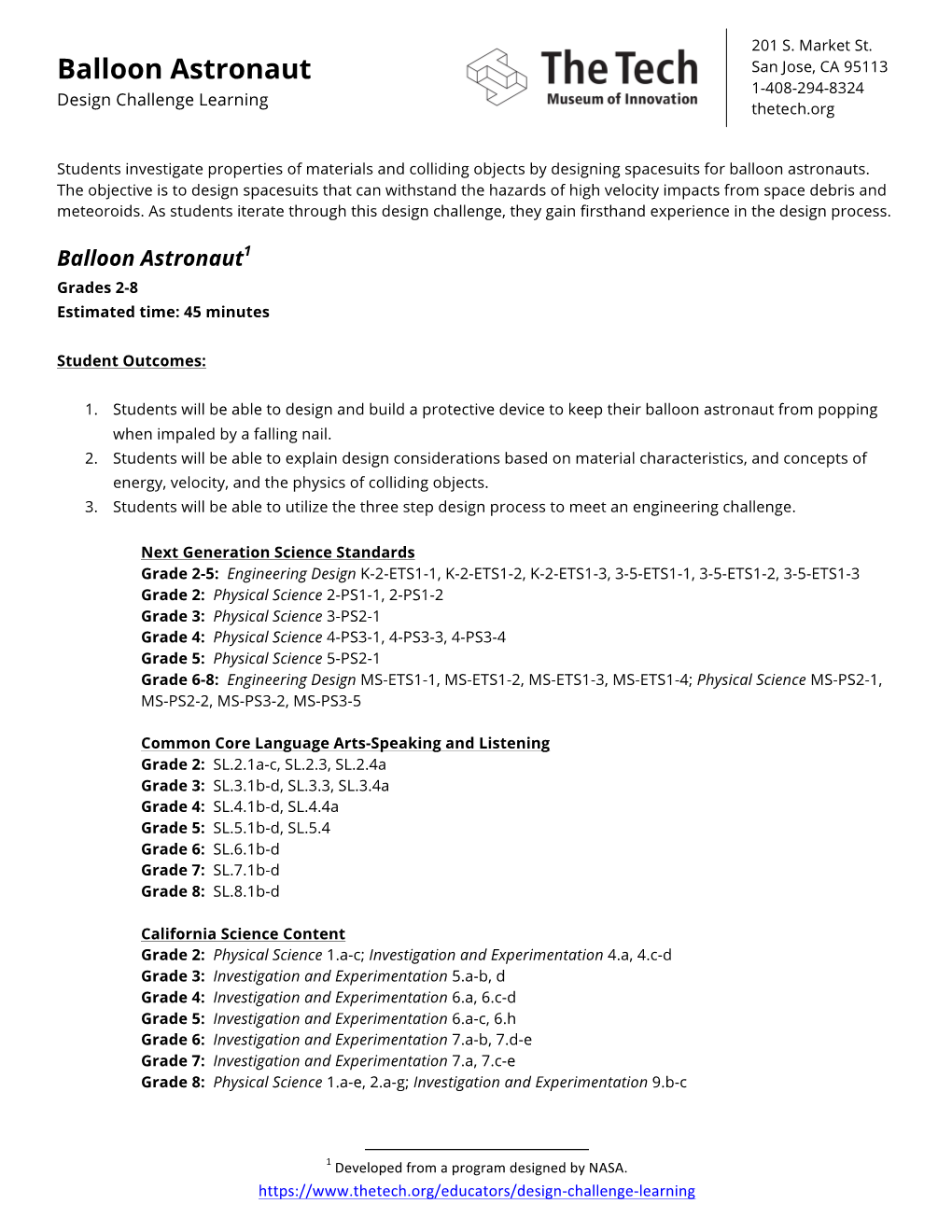 Balloon Astronaut San Jose, CA 95113 1-408-294-8324 Design Challenge Learning Thetech.Org