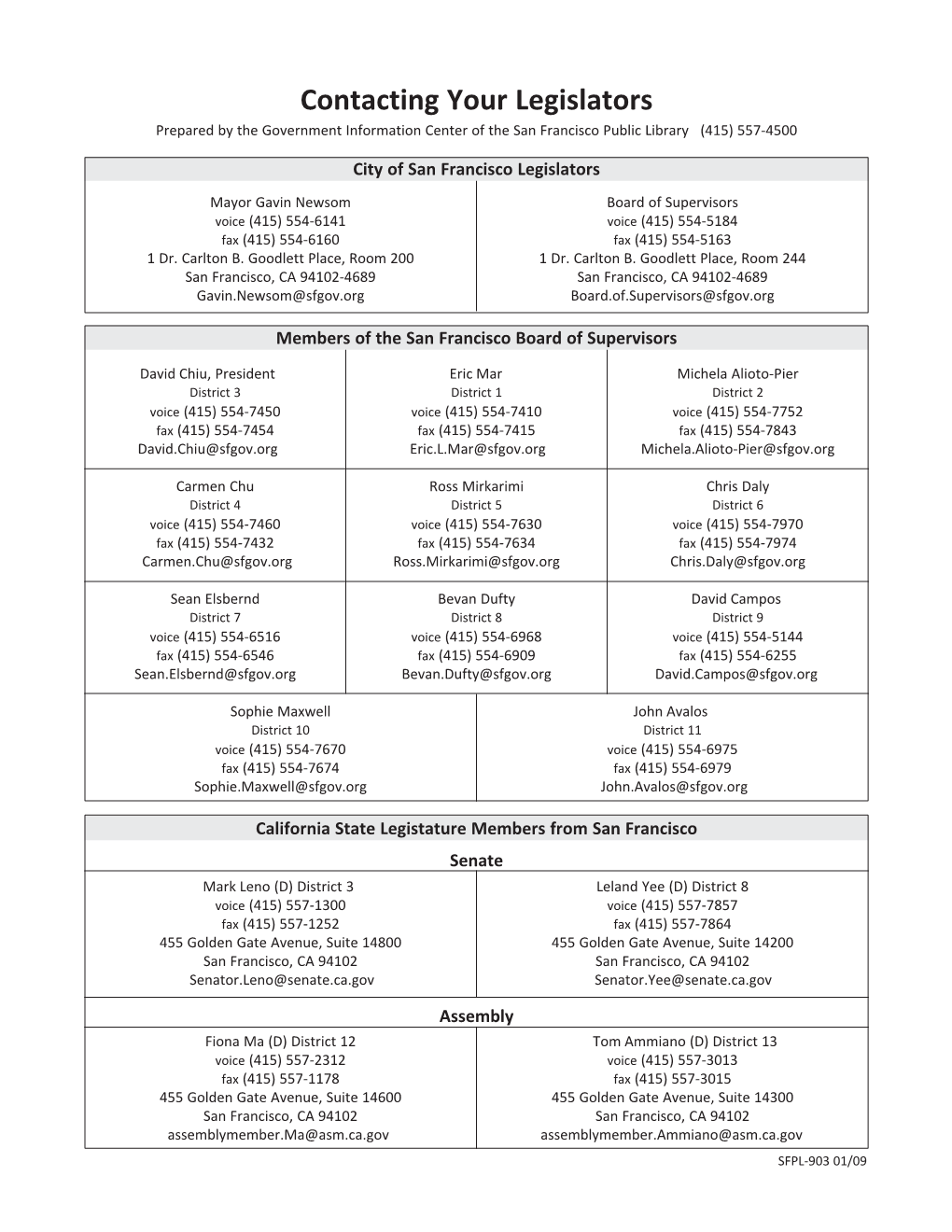 Contacting Your Legislators Prepared by the Government Information Center of the San Francisco Public Library (415) 557-4500