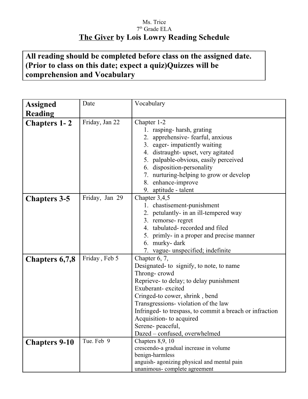 The Giver by Lois Lowry Reading Schedule