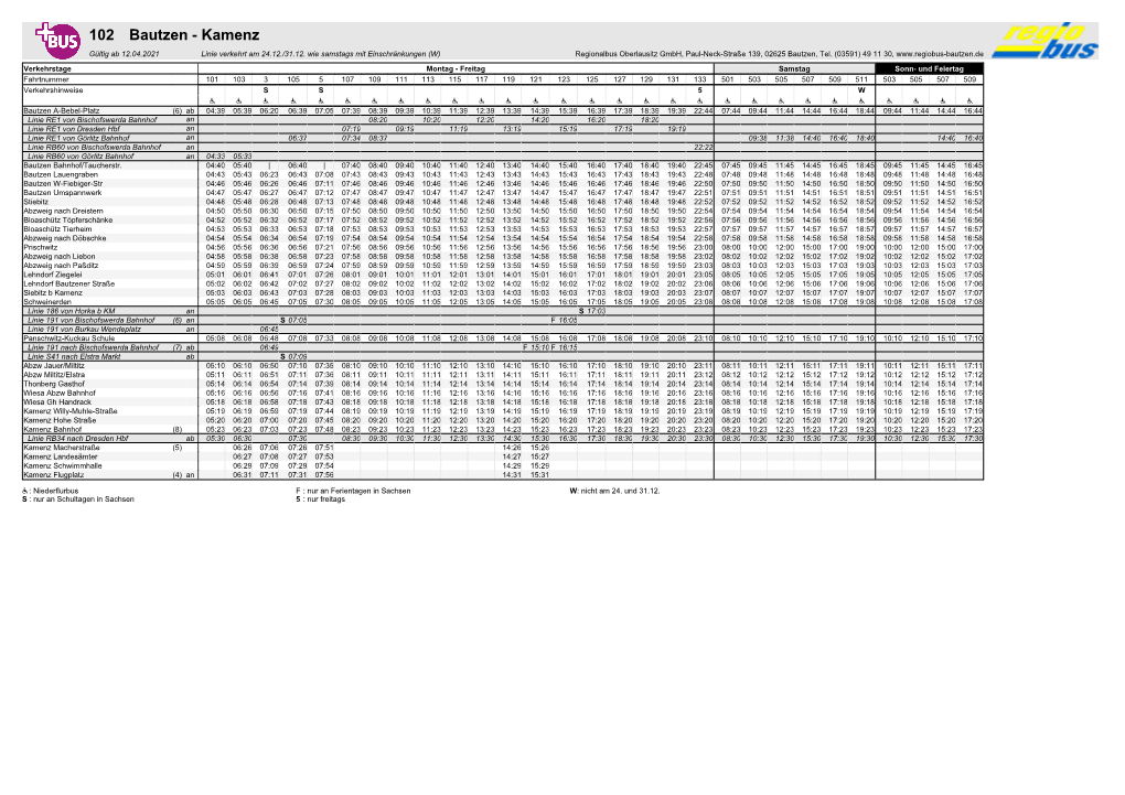 102 Bautzen - Kamenz Gültig Ab 12.04.2021 Linie Verkehrt Am 24.12./31.12