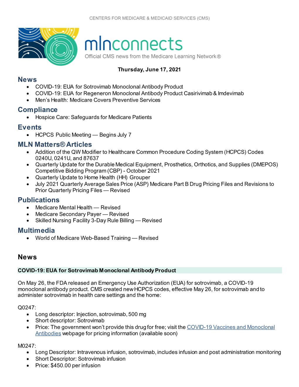 MLN Connects Newsletter for Thursday, June 17, 2021