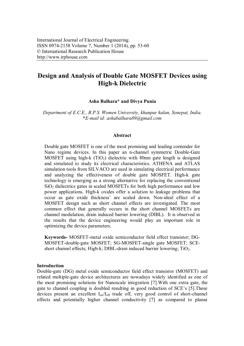 Design and Analysis of Double Gate MOSFET Devices Using High-K Dielectric