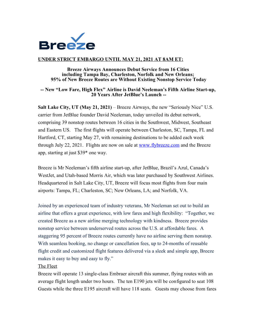 Breeze Airways Announces Debut