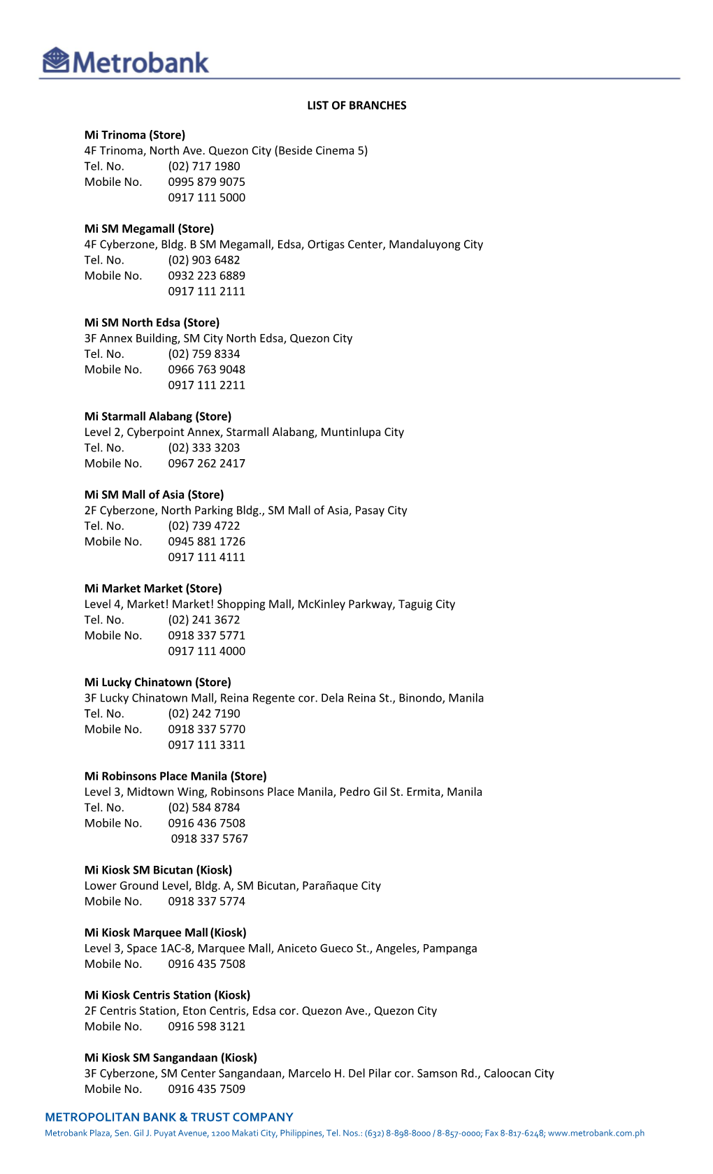 Metropolitan Bank & Trust Company List