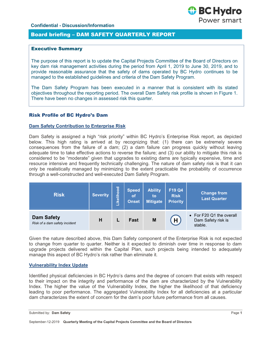 BC Hydro Dam Safety Quarterly Report