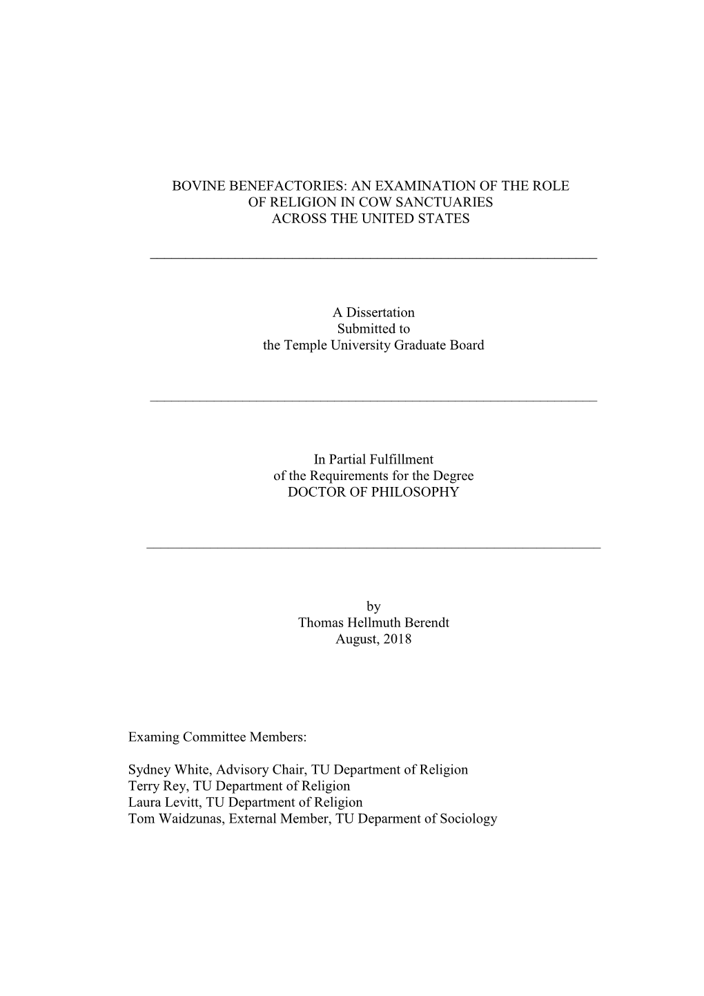 Bovine Benefactories: an Examination of the Role of Religion in Cow Sanctuaries Across the United States