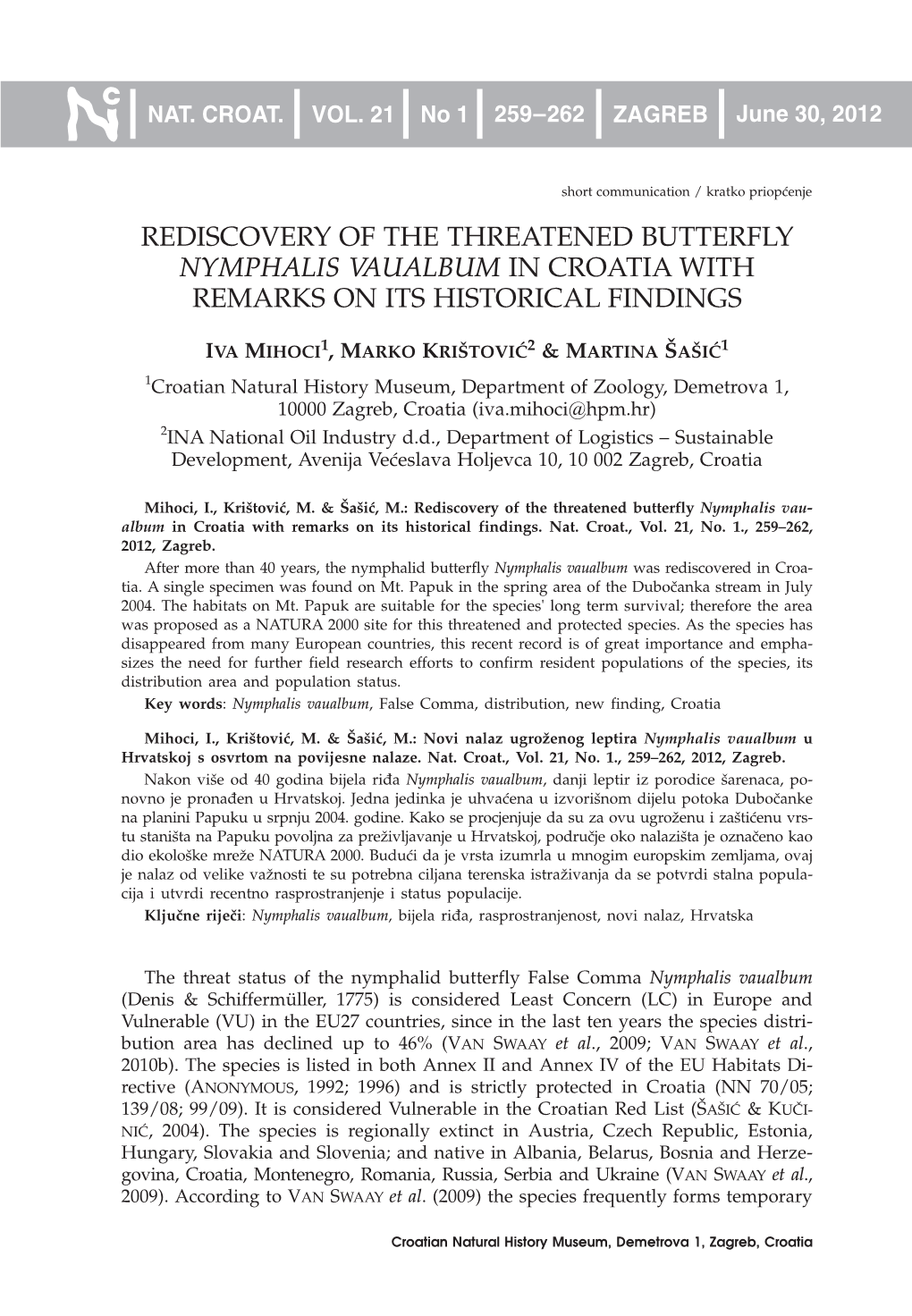 Rediscovery of the Threatened Butterfly Nymphalis Vaualbum in Croatia with Remarks on Its Historical Findings