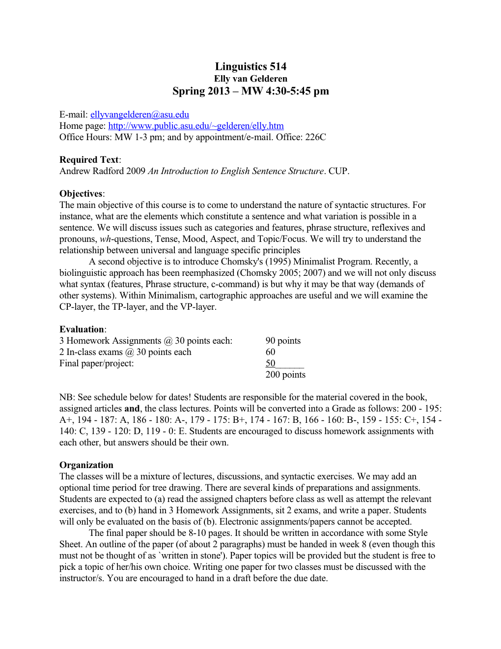 Linguistics 514 - Course Outline - Spring 2000