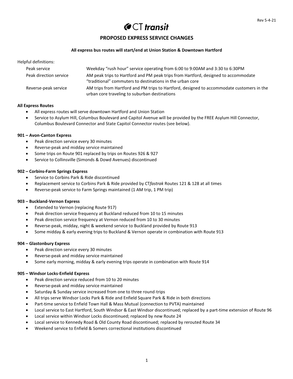 Summary of Proposed Express Bus Service Changes