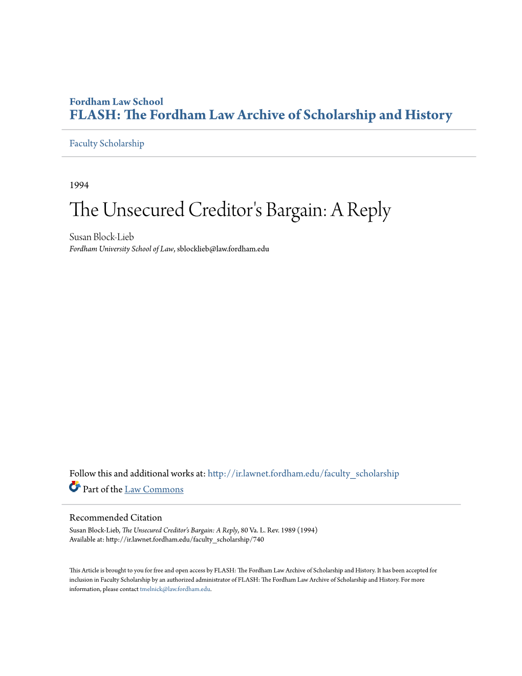 The Unsecured Creditor's Bargain: a Reply, 80 Va