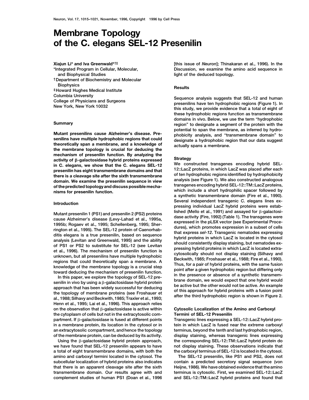 Membrane Topology of the C. Elegans SEL-12 Presenilin