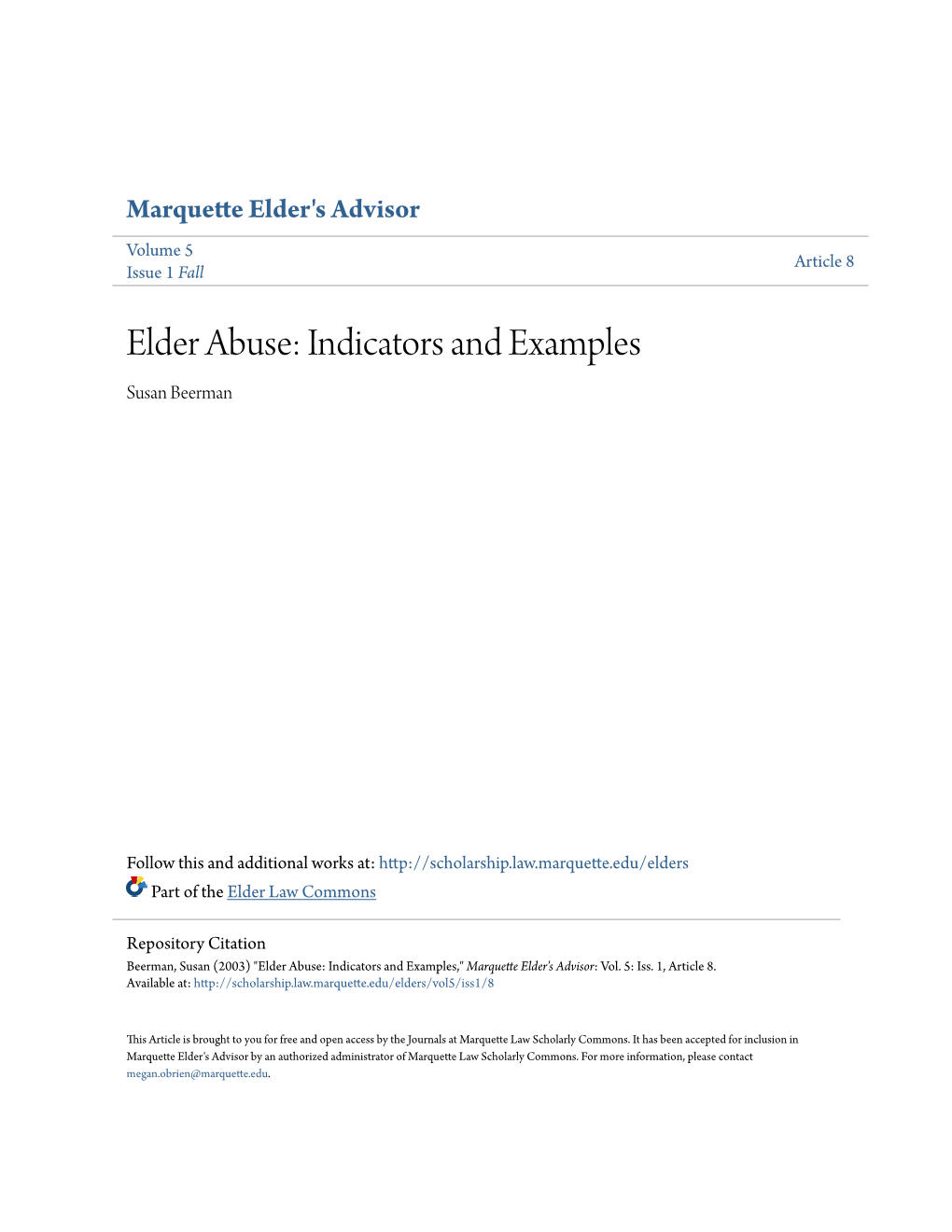 Elder Abuse: Indicators and Examples Susan Beerman