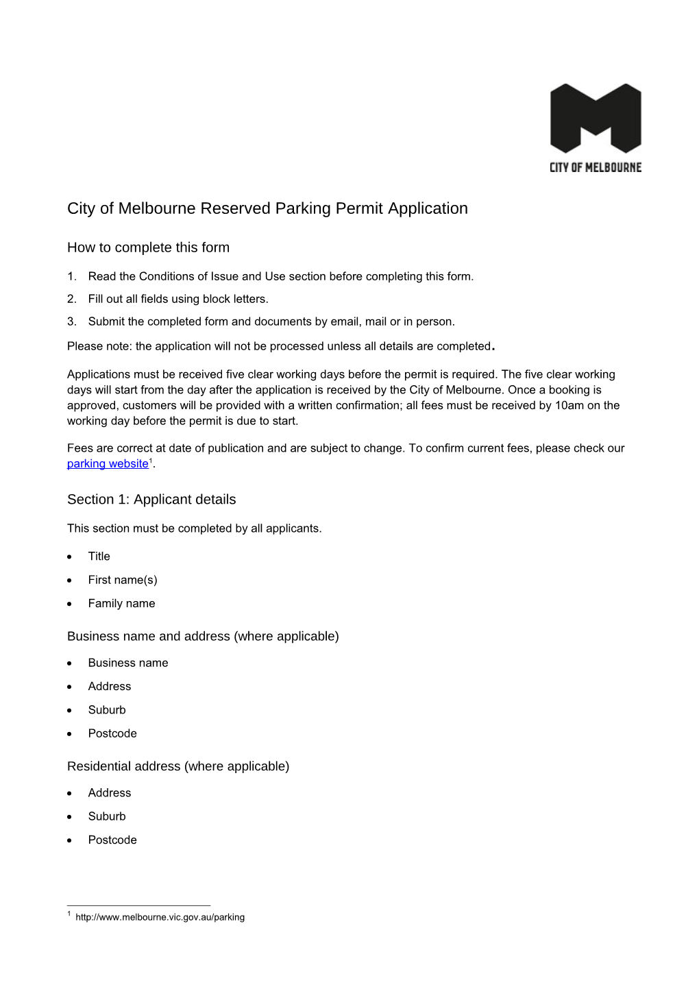 City of Melbourne Reserved Parking Permit Application
