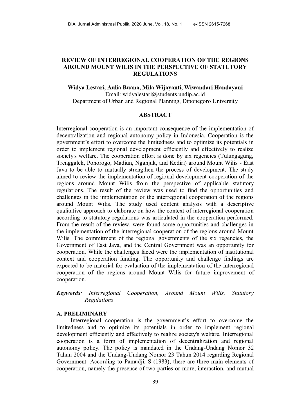 Review of Interregional Cooperation of the Regions Around Mount Wilis in the Perspective of Statutory Regulations