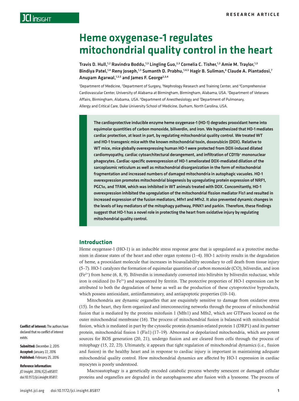 Heme Oxygenase-1 Regulates Mitochondrial Quality Control in the Heart