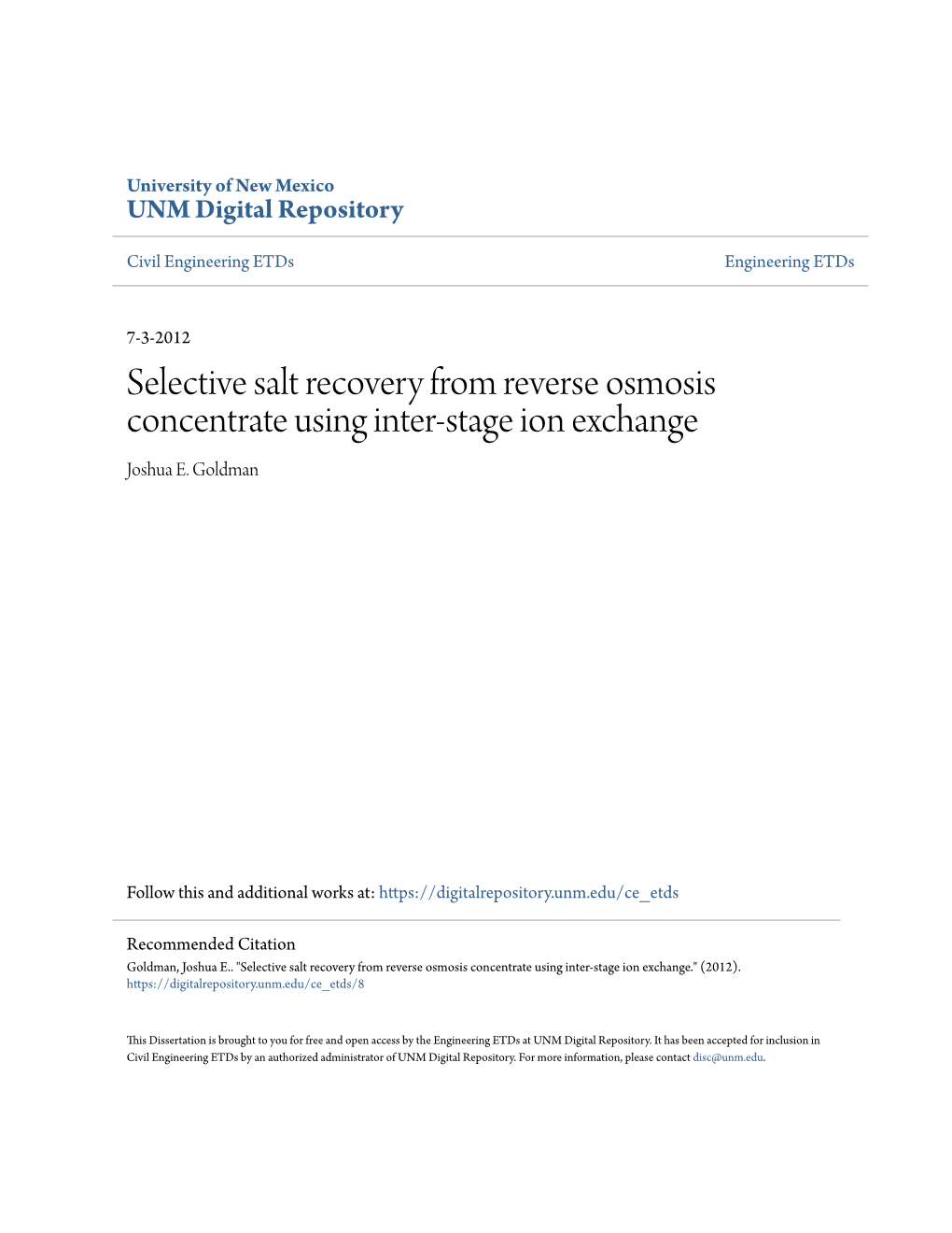 Selective Salt Recovery from Reverse Osmosis Concentrate Using Inter-Stage Ion Exchange Joshua E