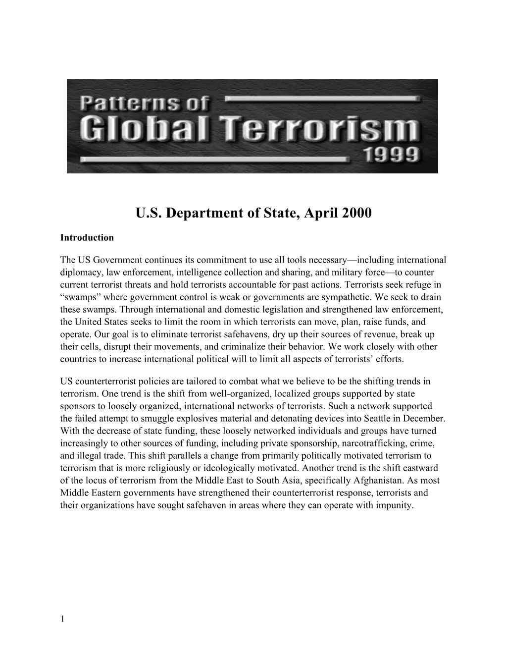 Patterns of Global Terrorism 1999