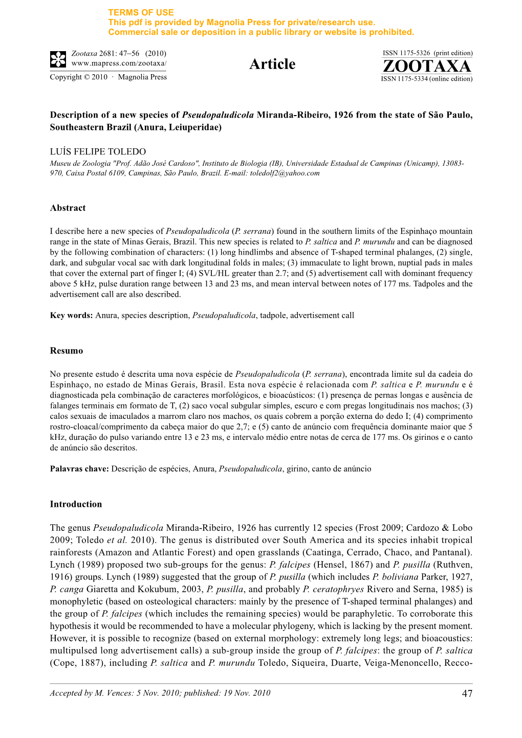 Description of a New Species of Pseudopaludicola Miranda-Ribeiro, 1926 from the State of São Paulo, Southeastern Brazil (Anura, Leiuperidae)