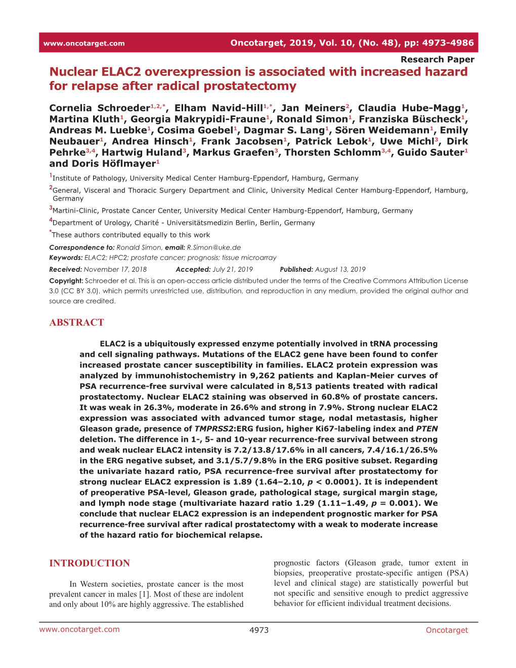 Nuclear ELAC2 Overexpression Is Associated with Increased Hazard for Relapse After Radical Prostatectomy