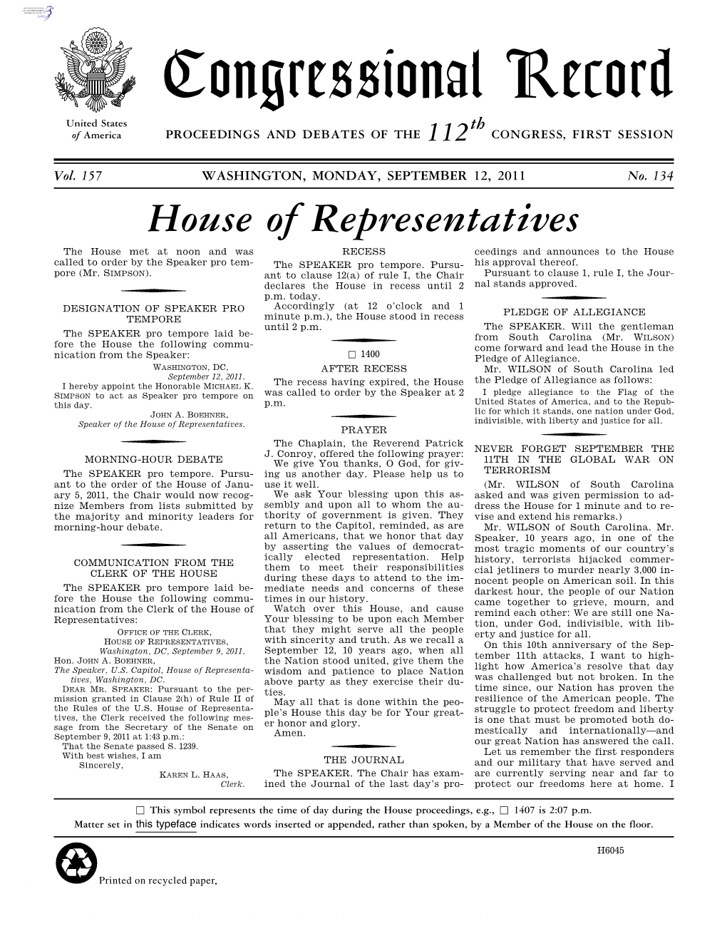 Congressional Record United States Th of America PROCEEDINGS and DEBATES of the 112 CONGRESS, FIRST SESSION