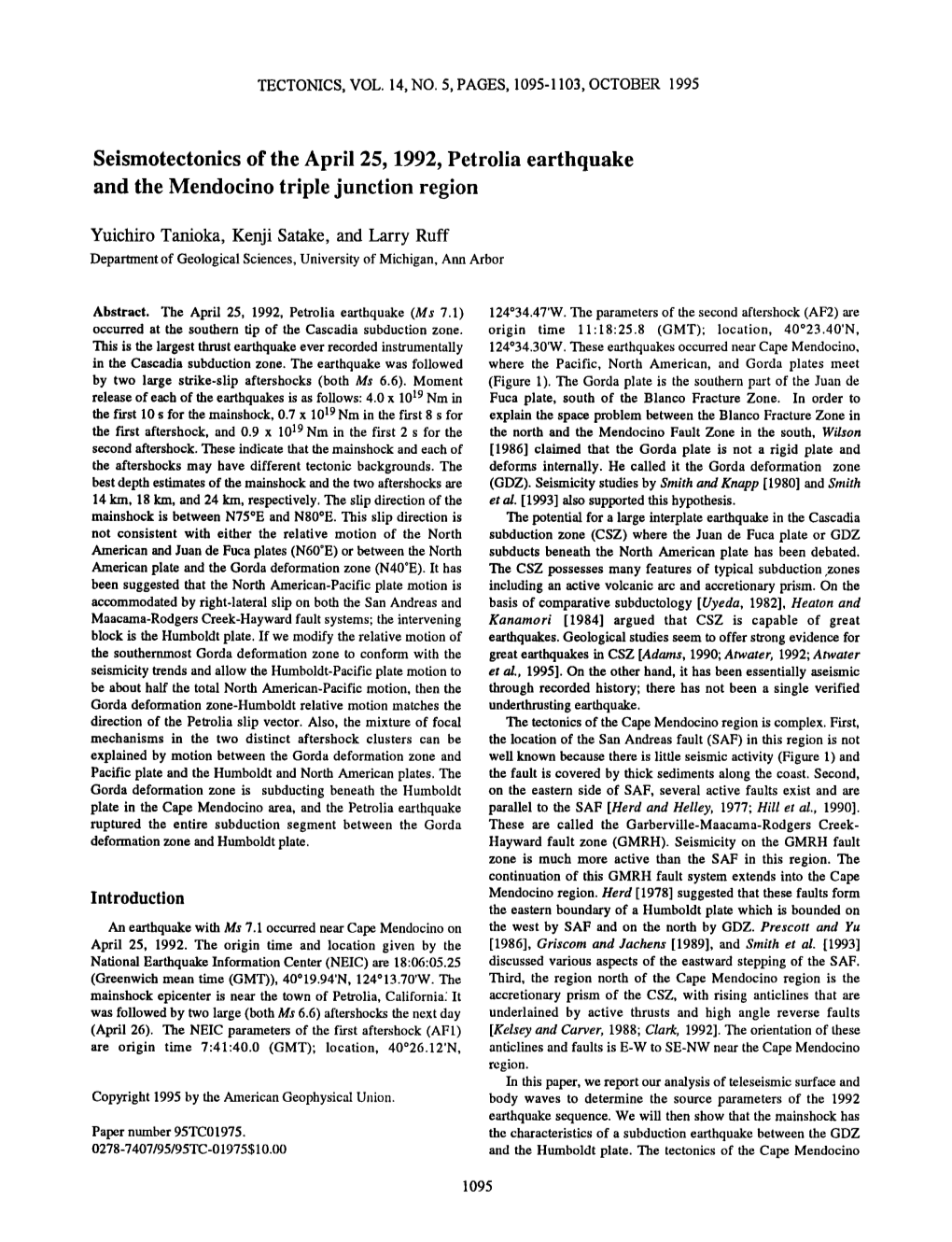 Seismotectonics of the April 25, 1992, Petrolia Earthquake and The