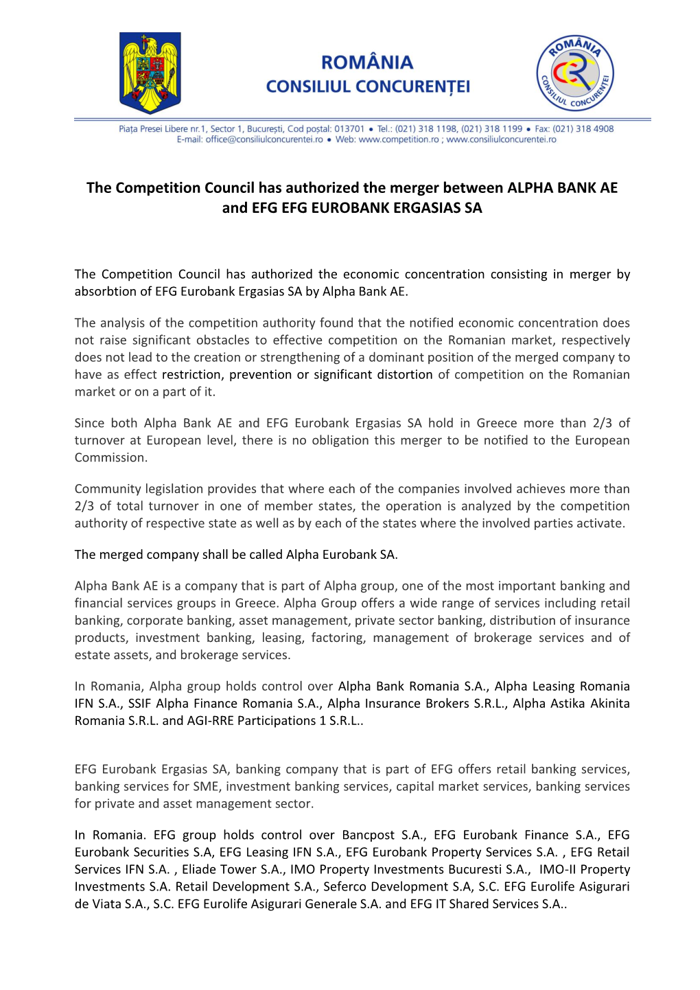 The Competition Council Has Authorized the Merger Between ALPHA BANK AE and EFG EFG EUROBANK ERGASIAS SA