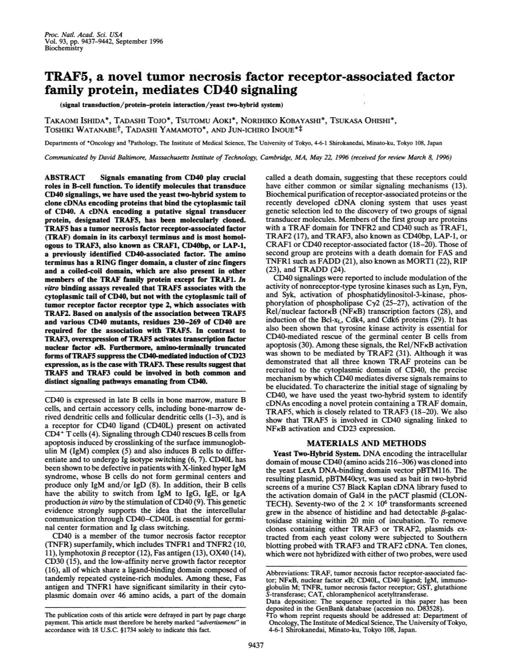 TRAF5, a Novel Tumor Necrosis Factor Receptor-Associated Factor Family