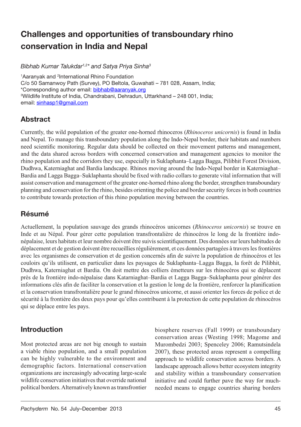 Challenges and Opportunities of Transboundary Rhino Conservation