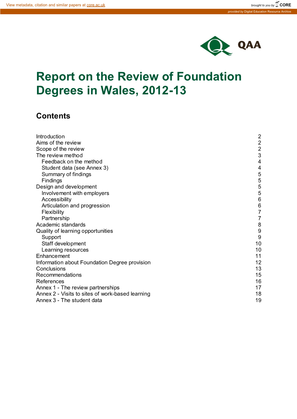 Report on the Review of Foundation Degrees in Wales, 2012-13