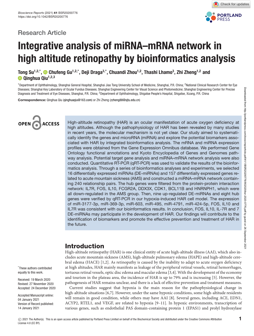 Integrative Analysis of Mirna–Mrna Network in High Altitude Retinopathy by Bioinformatics Analysis