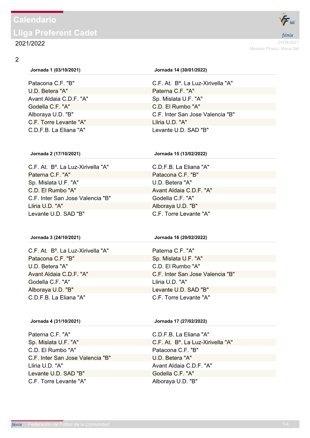 Lliga Preferent Cadet Calendario